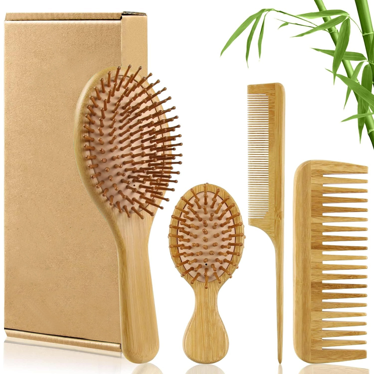 Detangling Wide Comb - Bamboo Hair Brush Comb Set for